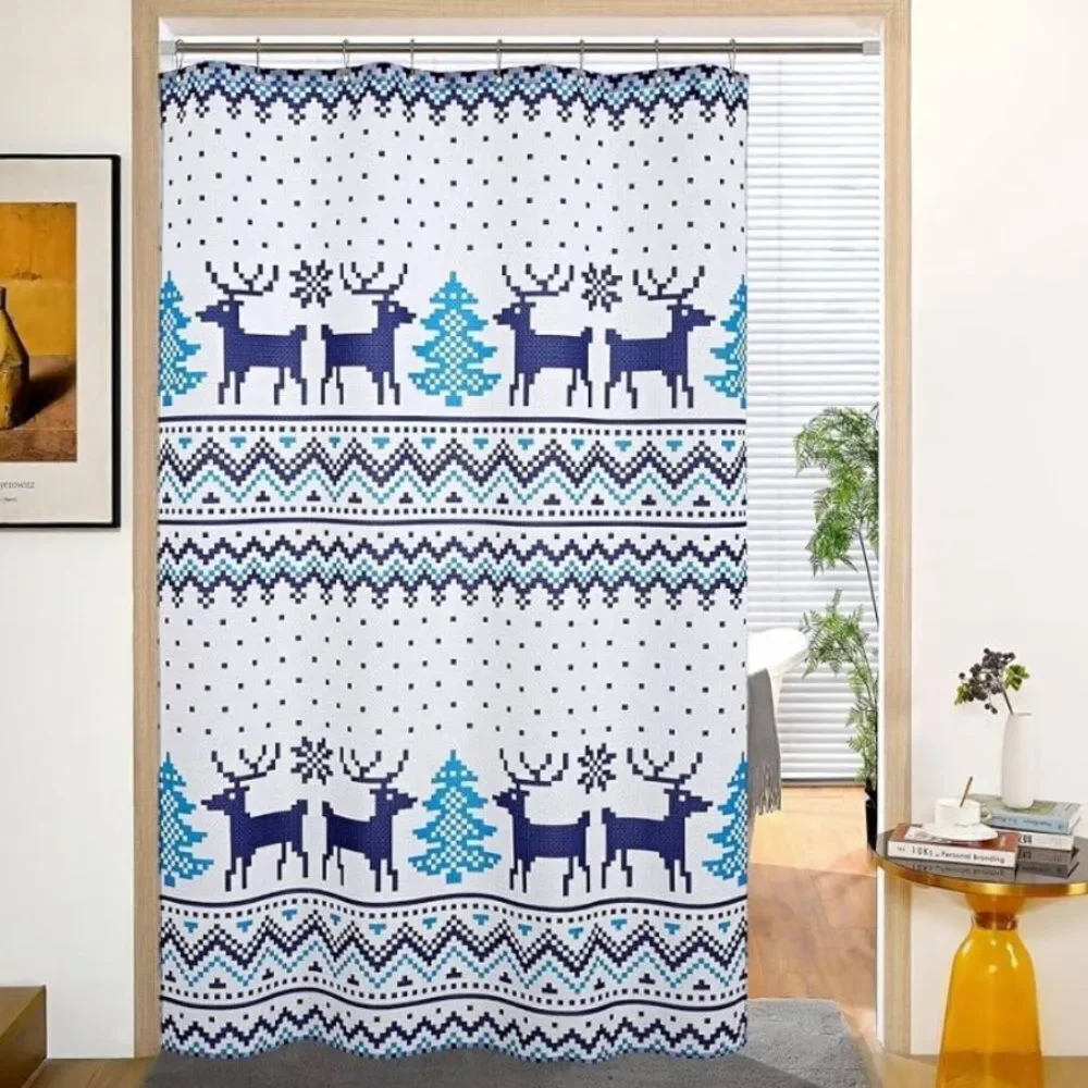 Christmas Eve Shower Curtain, Blue Boho Pixel Decoration Shower Curtain